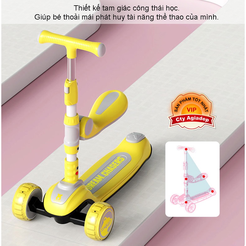 Xe trượt scooter phát sáng có nhạc xịn Dream Chasers 2 tư thế đứng, ngồi cho bé