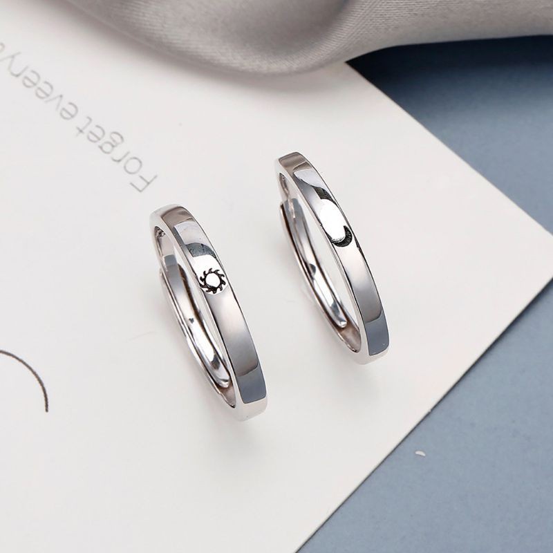 OUT 2Pcs Sterling Silver Sun Moon Lover Couple Rings Set Promise Wedding Bands for Him and Her Valentine's Day Jewelry Gift