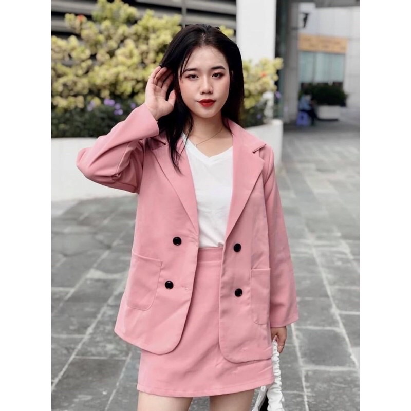 SET BLAZER TRƠN 2 món- CHÂN VÁY LƯNG THUN SAU (Ảnh thật)