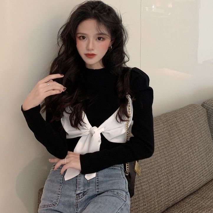 Áo Thun Ngắn Tay Đính Nơ Màu Tương Phản Thời Trang Cho Nữ