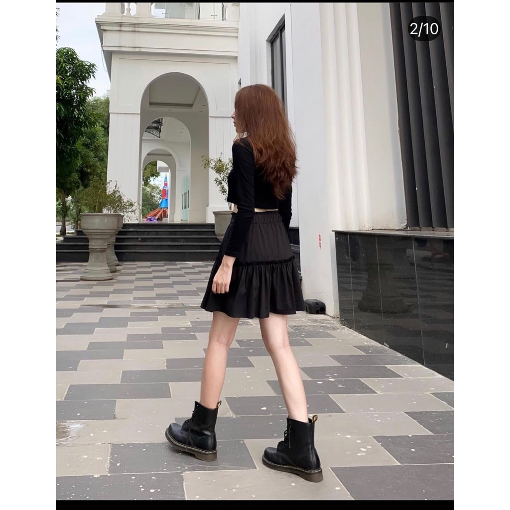 [WK015T] Chân váy hai tầng ngắn sẵn 2 màu đen trắng cạp chun co giãn chất thô đũi cực xinh | BigBuy360 - bigbuy360.vn