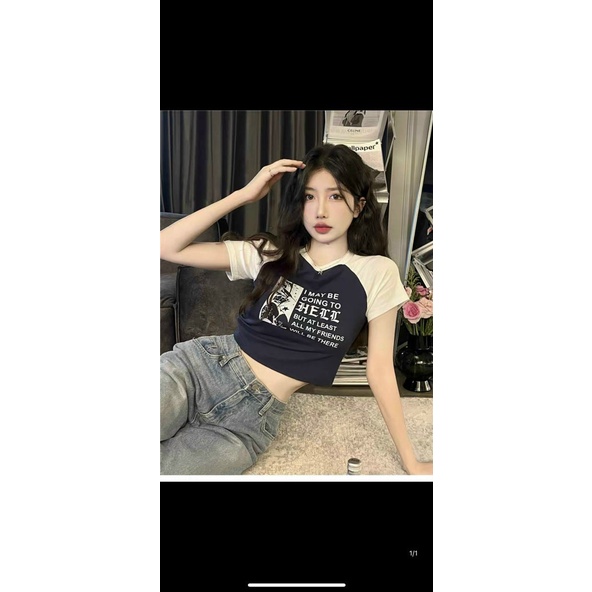 Áo thun nữ cổ tròn kiểu tay ngắn in họa thiết dáng croptop 40