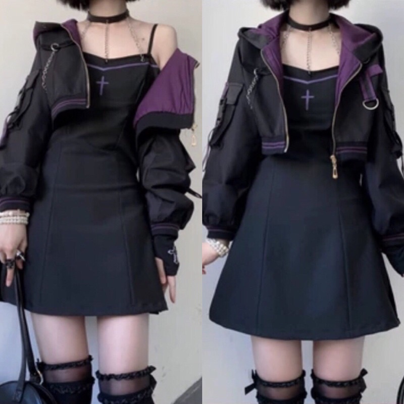 YAS0816-Set áo khoác váy den tím cá tính