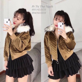 Áo khoác nhung trần bông cổ lông