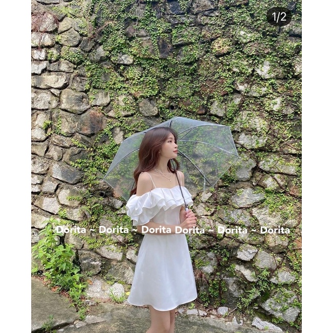 Váy 2 dây trễ vai viền bèo, Váy trắng dự tiệc viền bèo dáng xòe