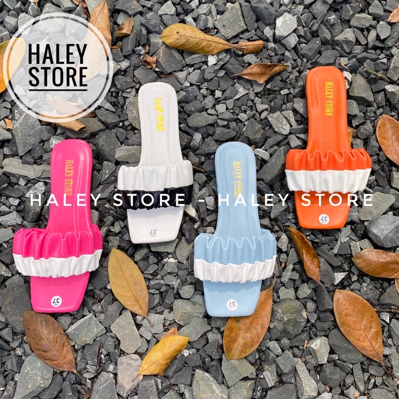 Dép nữ HALEY STORE mũi vuông đế bệt quai ngang nhún nhúm nhung bèo phối nhiều màu hot bò sữa hồng hottrend