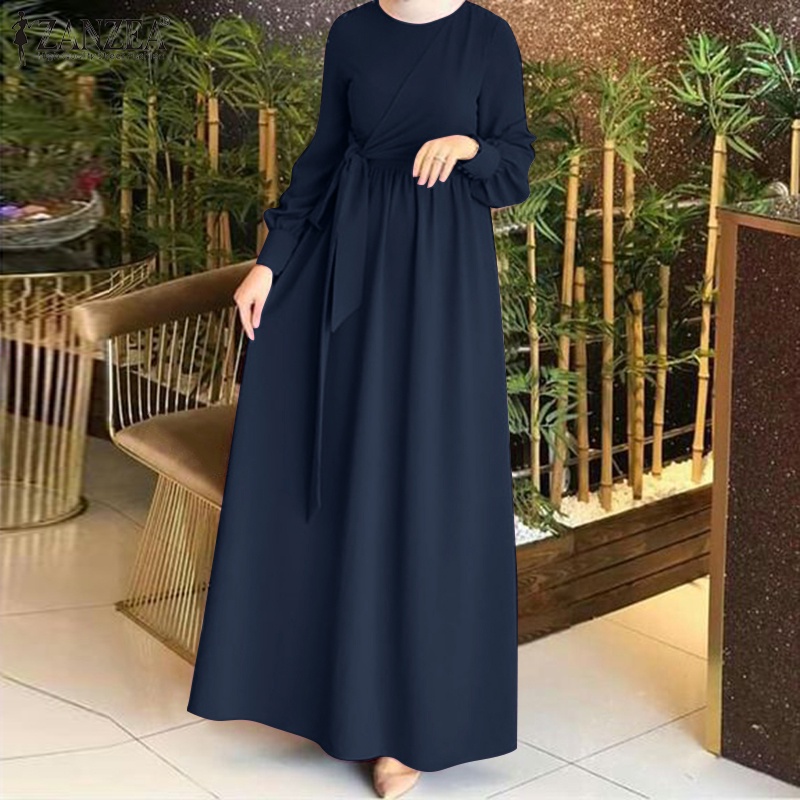 Zanzea Đầm Dài Màu Trơn Xếp Ly Cài Nút Thắt Lưng Tháo Được Thanh Lịch Cho Phụ Nữ Hồi Giáo