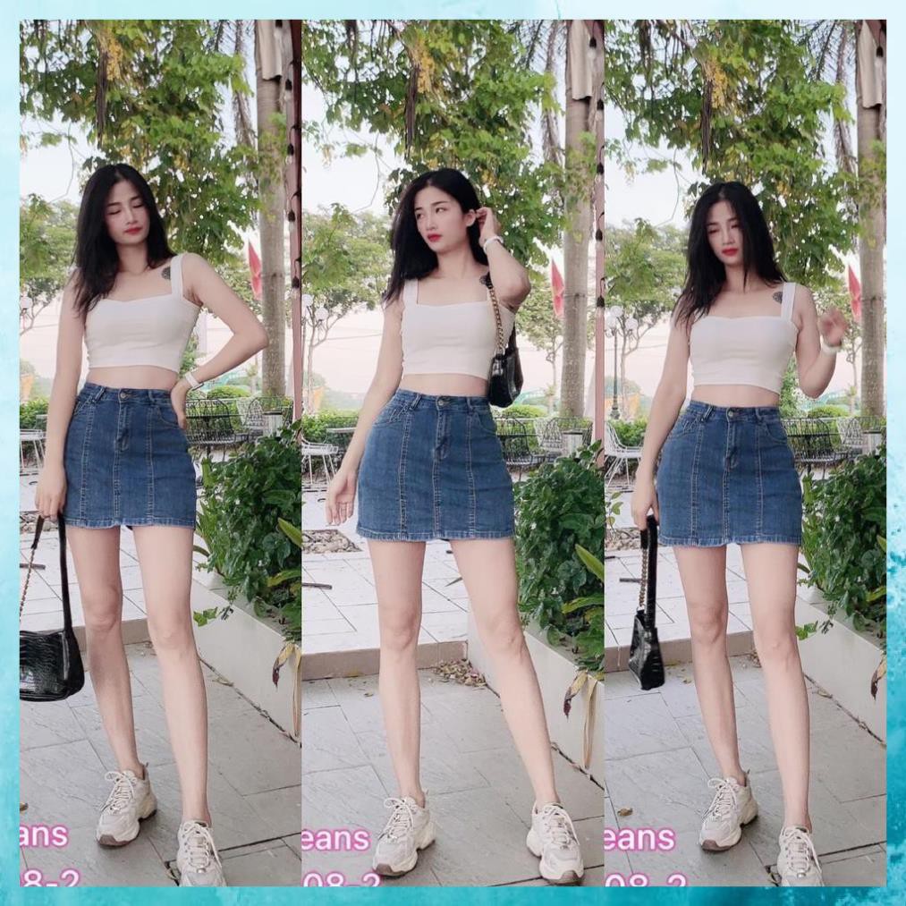 [TH Jeans] Quần jeans nữ, quần bò giả váy lưng cao túi chéo phối gân. Mã V4115