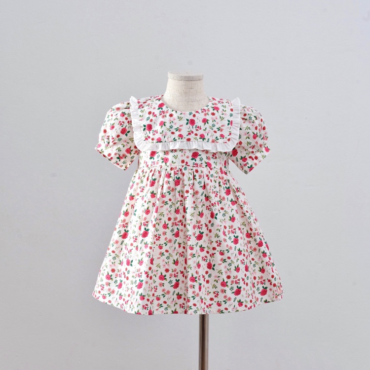 Váy bé gái CARROT có tay cổ thuỷ thủ, họa tiết hoa lá nhí hồng, chất liệu Thô cotton thấm hút mồ hôi