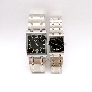 Đồng hồ nam nữ HALEI cặp đôi vuông 30mm 40mm dây kim loại dây trắng mặt đen kính chống xước, chống nước tuyệt đối HL564