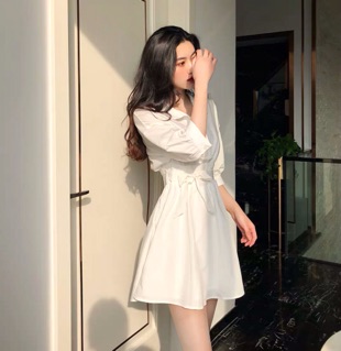 [ORDER] Váy trắng tay bồng thắt nơ eo