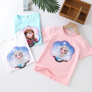Bobora Bé Gái Nửa Tay Mùa Hè Cotton Nguyên Chất Frozen Công Chúa Elsa Đáy Áo Sơ Mi Kim Sa Lấp Lánh Thay Đổi Màu Quần Áo Cho Bé