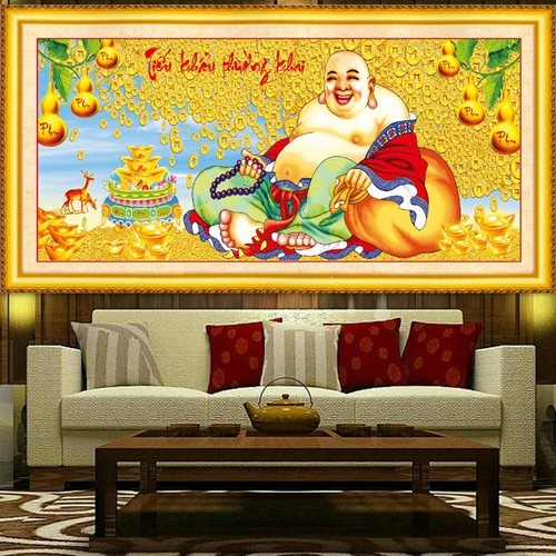 Tranh thêu phật di lạc KT:86x41cm.Tranh chưa thêu.Tặng kéo và xỏ chỉ.