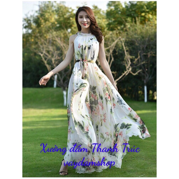 Đầm maxi hoa cổ yếm eo cột nơ M/L/XL vaydamshop