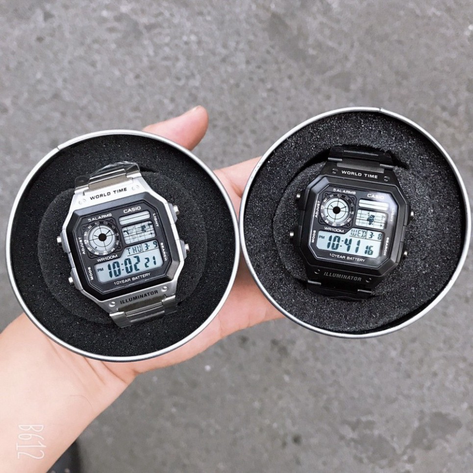 Đồng hồ nam Casio AE 1200-WHD classic chống nước , dây thép không gỉ (dây bạc mặt đen). | BigBuy360 - bigbuy360.vn