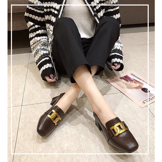 Giày Loafer công sở mũi vuông da mềm cao gót 5cm phối xích phong cách Hàn quốc