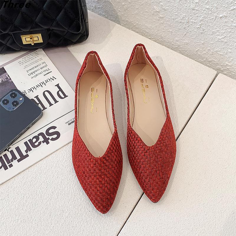 Women's shoes, single shoes, ladies pointed toe Roman style shallow mouth weave fashion all-match solid color grandma shoes