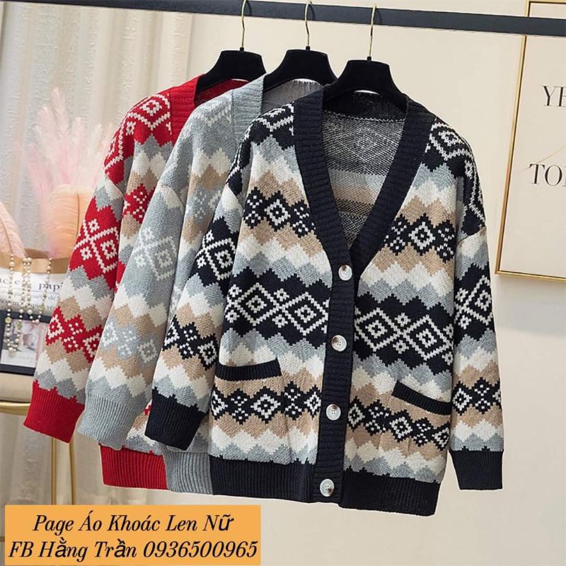 Áo khoác len cardigan nữ dáng dài from rộng họa tiết thổ cẩm.