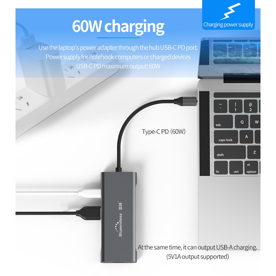 Hub Mở Rộng USB Type C 7IN1 Blueendless Chính Hãng HDMI 4K Thẻ Nhớ USB 3.0