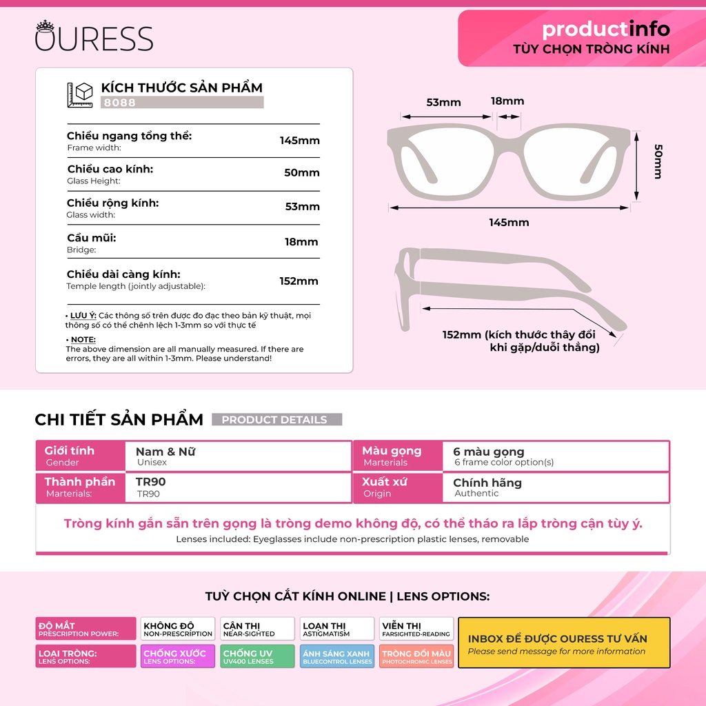 Gọng kính nhựa cao cấp nhẹ bền hợp thời trang OURESS - 8088