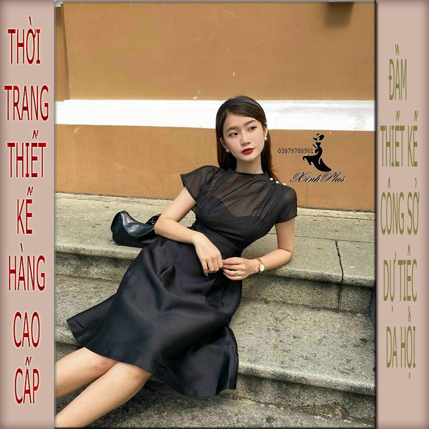 [Hotsale] Đầm dáng xòe dự tiệc, dạo phố xinh yêu, cổ tròn vai đính hạt ngọc giả siêu sang siêu đẹp