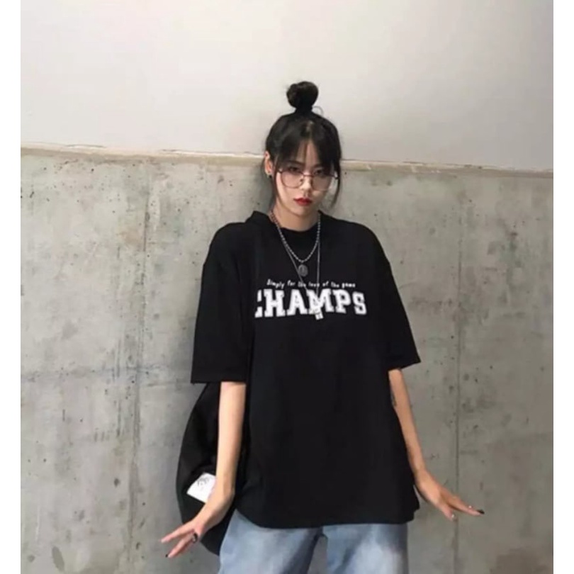 Áo thun đen trắng in chữ CHAMPS, áo phông from rộng unisex cá tính