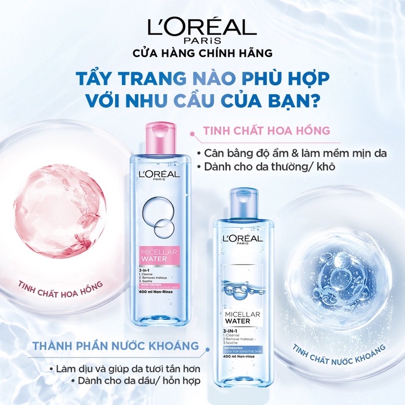 Nước tẩy trang cho mọi loại da L'Oreal Paris 3-in-1 Micellar Water 400ml