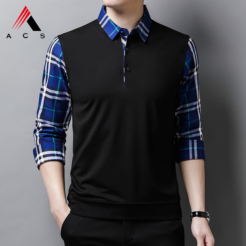 Áo sơ mi dài tay giả hai lớp họa tiết sọc caro thời trang công sở cho nam 3 màu lựa chọn