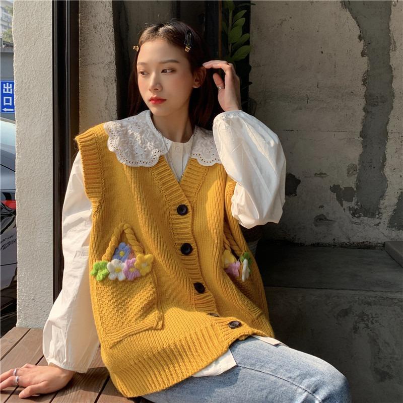 Áo Sweater dệt kim sát nách xếp ly kiểu Hàn Quốc thời trang xuân thu dễ phối đồ