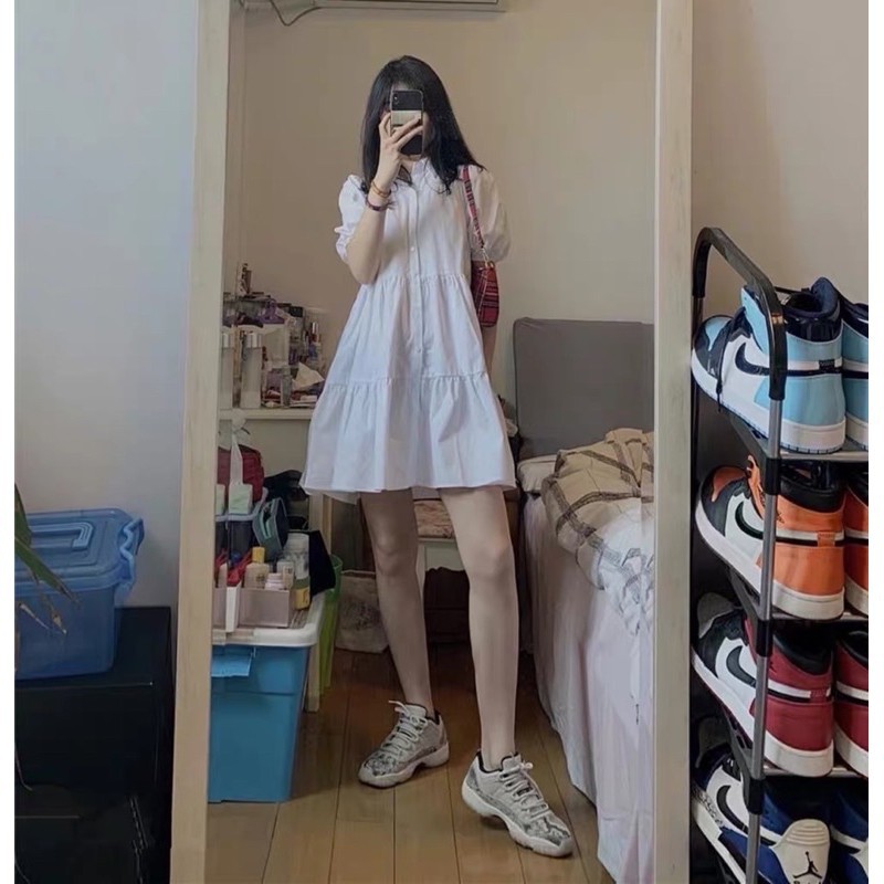 Váy babydoll trắng cổ đức - Đầm sơ mi ulzzang siêu hot