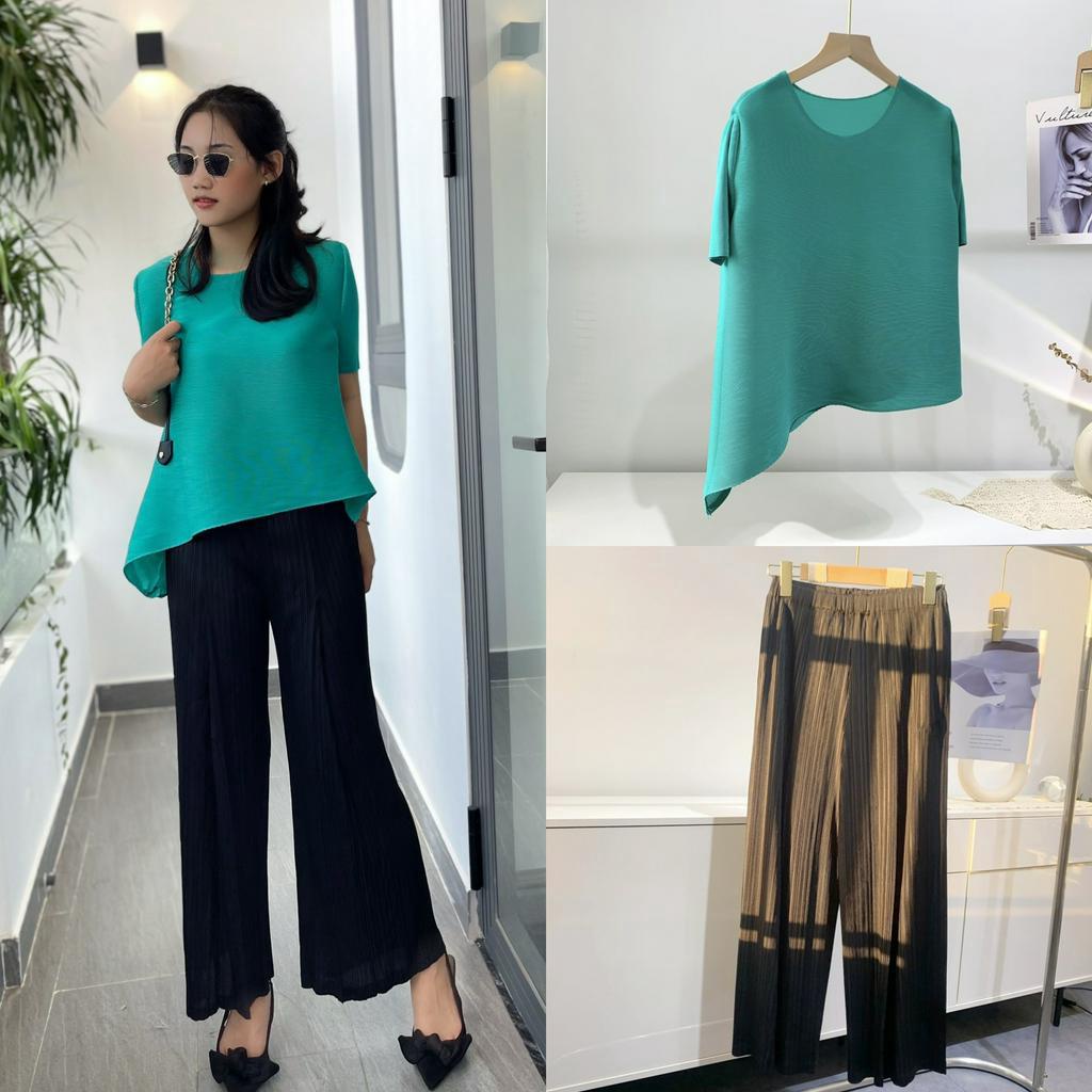 (HÀNG SẴN) Set áo lò xo nhuyễn cao cấp và quần ghép ly ống rộng - Set áo quần lò xo thanh lịch