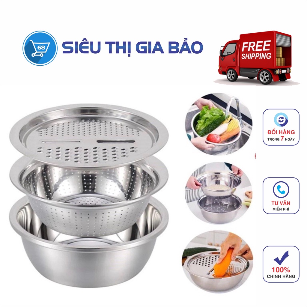 Rổ nạo rau củ kiêm rổ và chậu inox cao cấp đa năng,tiện lợi dùng nhà bếp