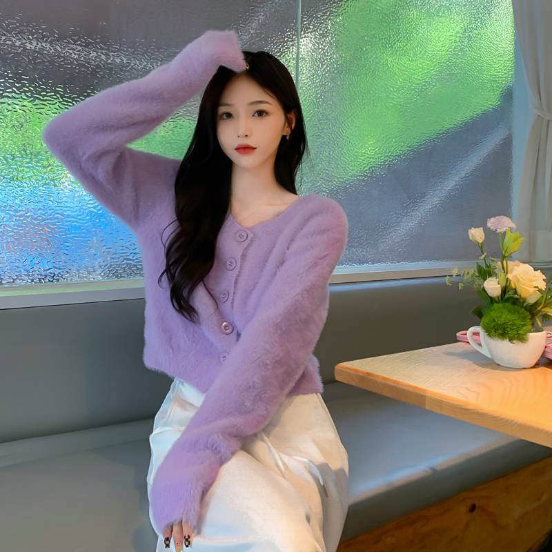 🌻 áo croptop tay dài áo cadigan  áo len kiểu nữ  Áo Khoác Len Cardigan Mềm Dáng Rộng Ngắn Màu Hồng Thời Trang Thu Đông 2021