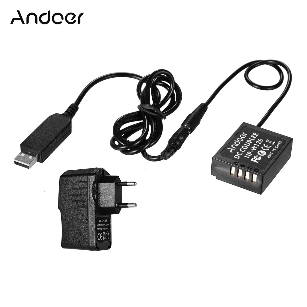 Andoer 5V USB to NP-W126 Dummy Battery Pack DC Coupler with Power Adapter Compatible with Fuji Cameras X-A1/X-A2/X-A3/X-E1/X-E2/X-M1/X-Pro/X-T1/X-T2/XT10/HS33EXR/HS35EXR/HS50EXR