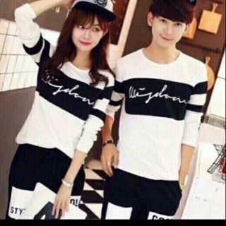 Áo thun cặp nam nữ dài tay màu trắng phối đen ( áo unisex)