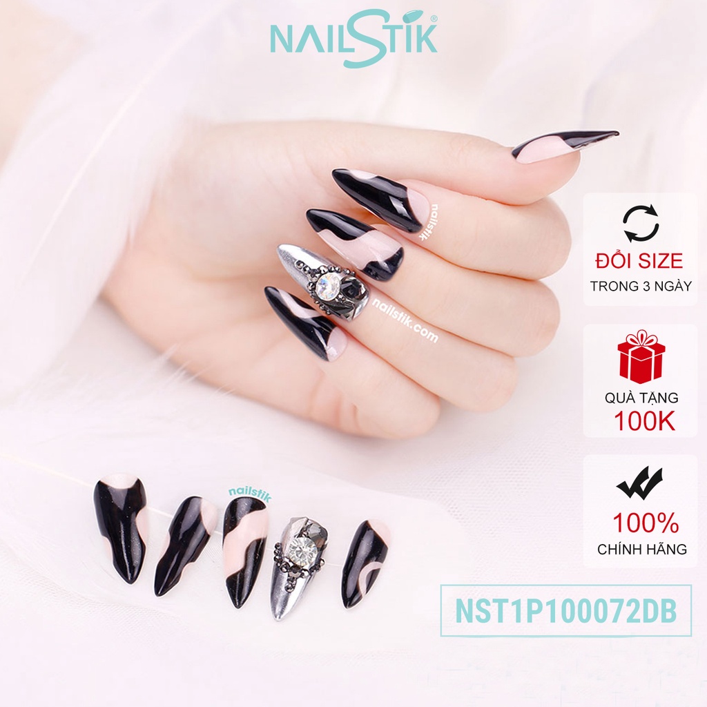 Móng úp thiết kế by NAILSTIK, màu đen, form móng bầu, dài 072