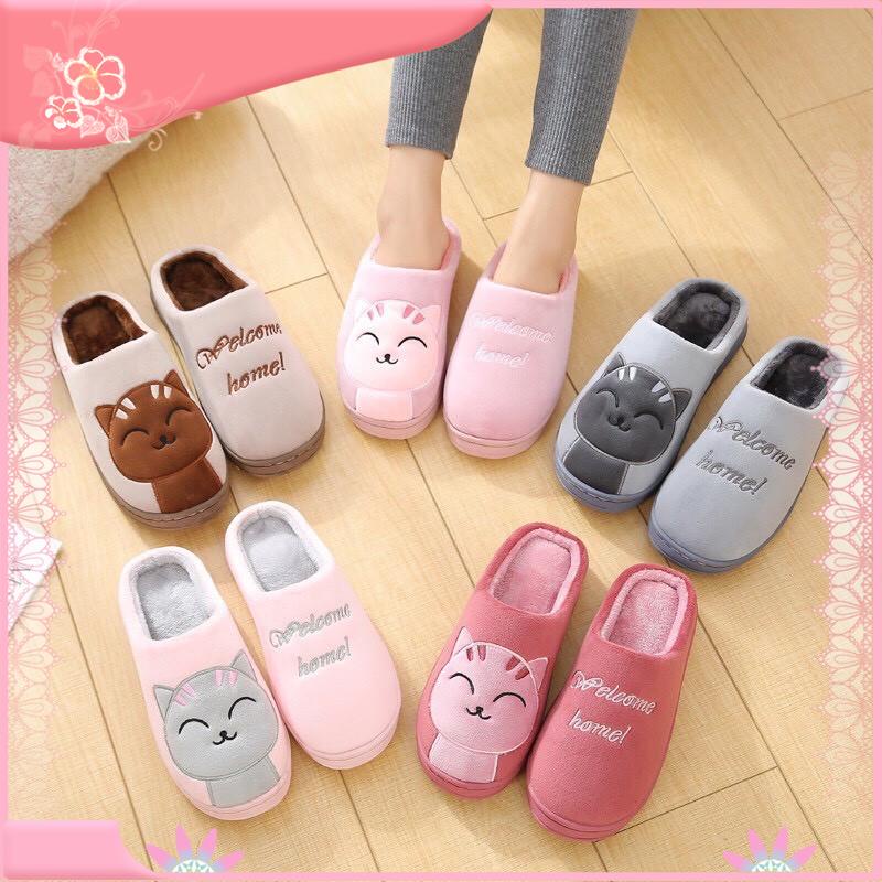 Dép Bông Unisex Hình Mèo, Đế Cao Su Dẻo, Dép Lông Mịn siêu Kute.