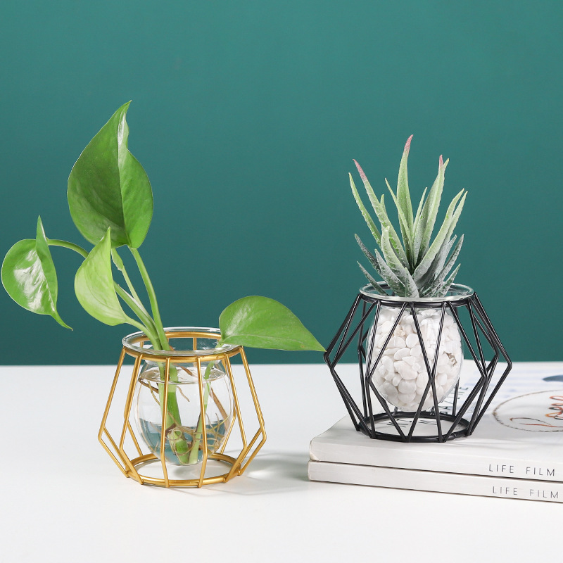 Bắc Âu Vàng Bình Thủy Tinh Terrarium Hình Học Sắt Dây Chuyền Bình Thủy Canh Vật Có Bình Hoa Kim Loại Vật Có Giá Đỡ Trang Trí Nhà Hiện Đại