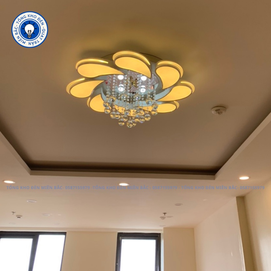 Đèn Ốp Trần_Đèn Mâm Ốp Trần 8 Cánh Giọt Nước Hộp Thả Pha Lê_3 chể độ ánh sáng_BH 24 tháng