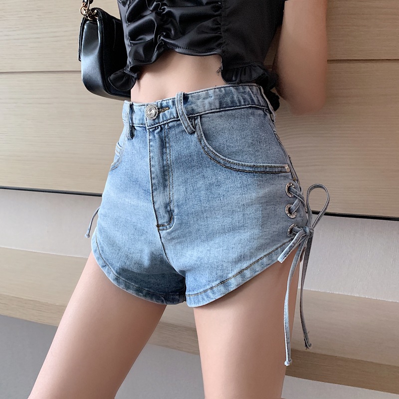 DUNEA Women's Chic Bow Tie Straps Were Thin A-line High Waist Denim Shorts