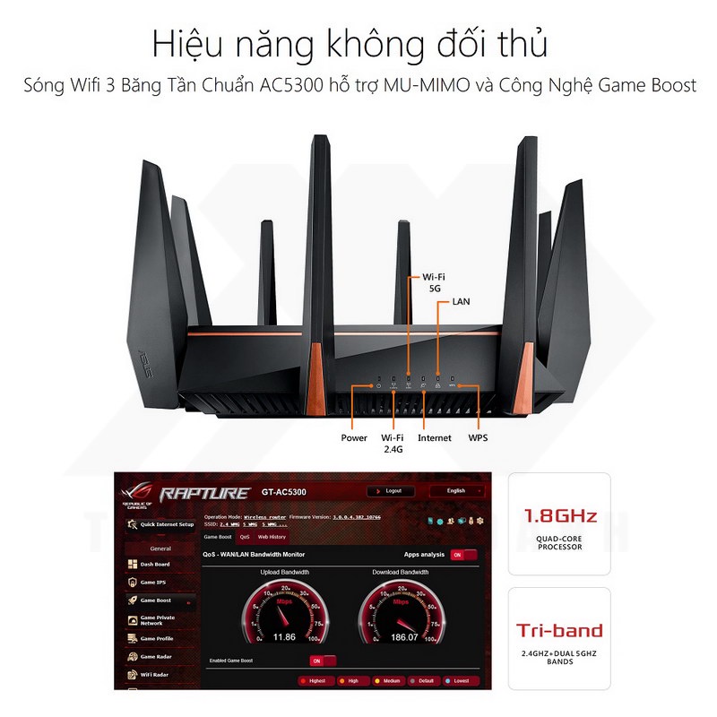 Bộ phát wifi 6 Router Wifi gaming ASUS GT-AC5300 Ba băng tần, chuyên gaming thực tế ảo VR,4K streaming