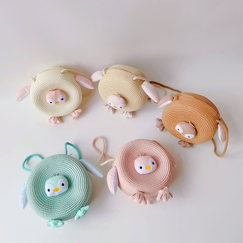 Túi Đeo Chéo Đan Lát Hình Chim Cánh Cụt Hoạt Hình Phong Cách Hàn Quốc Cho Bé Gái