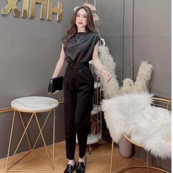 Quần tây đen đi học nữ lưng cao dáng dài cạp vạt khuy lệch có đai đỉa màu đen vải mềm Quần baggy nữ ống đứng công sở đẹp