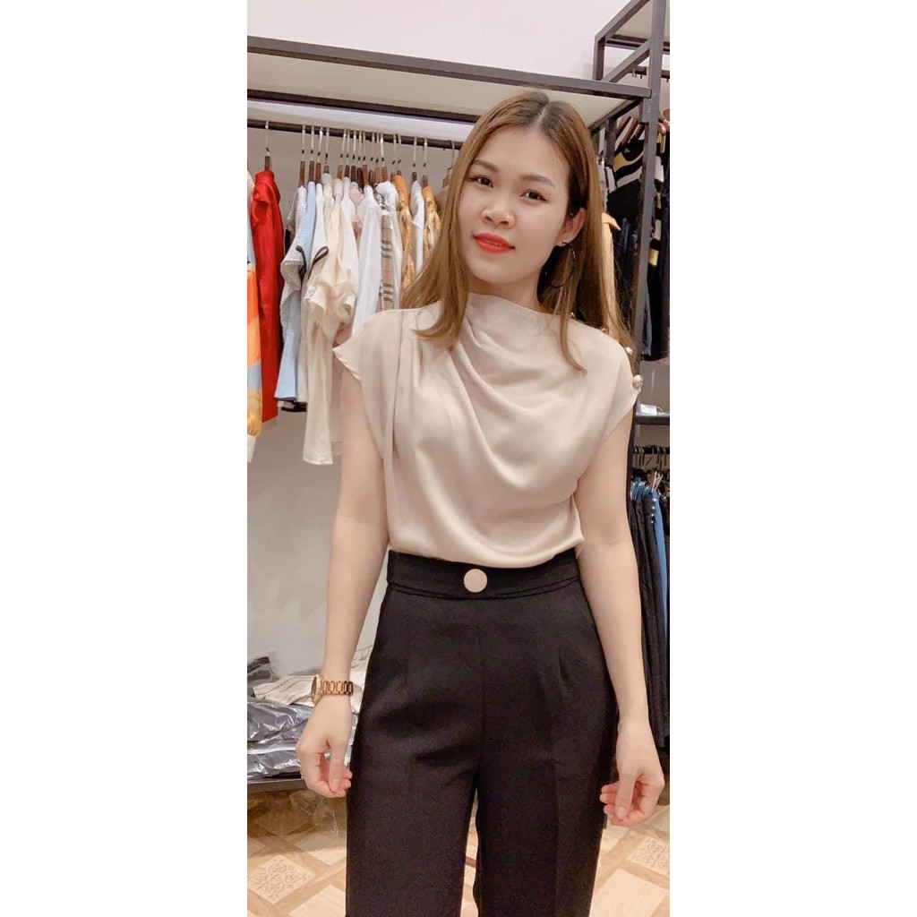 Áo sơ mi công sở nữ - áo sơ mi lụa xếp ly vai tay cánh rơi