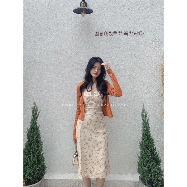 Set váy hoa nhí+áo khoác cam - Pinkger Shop