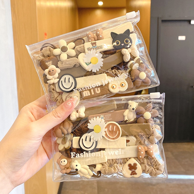 Dây Cột Tóc Màu Cà Phê Mặt Nhám Đính Hoa Và Gấu Dễ Thương Phong Cách Hàn Quốc