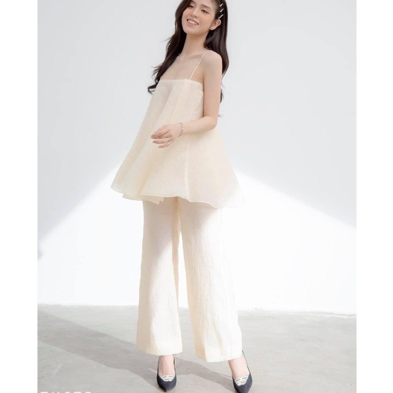 Set 2 dây quần suông áo xòe voan nhũ kim tuyến