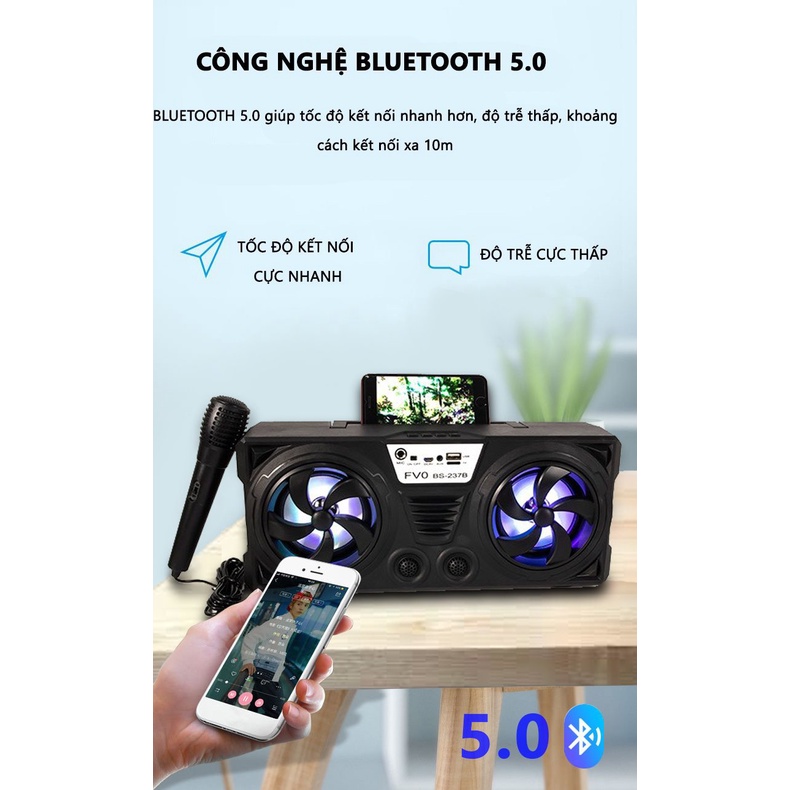 Loa bluetooth karaoke Bs 237, loa không dây nghe nhạc giá rẻ công suất lớn kèm mic hát