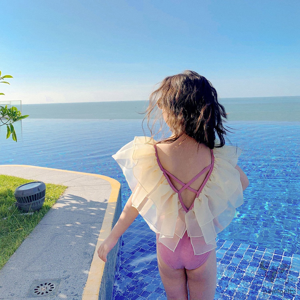 Bộ Đồ Bơi Một Mảnh Hở Lưng Phối Lưới Phong Cách Hàn Quốc Ngọt Ngào Cho Bé Gái