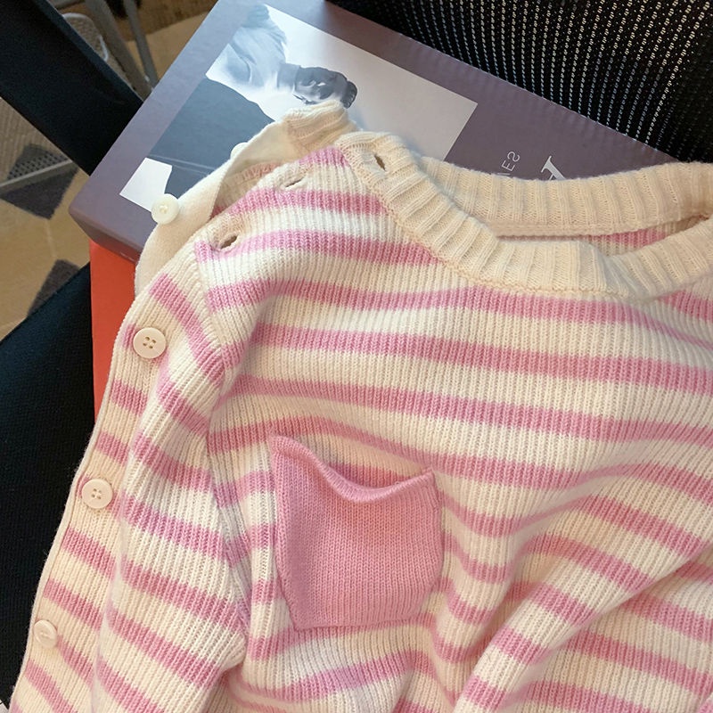 Áo Khoác Sweater Dày Dặn Dáng Rộng Kẻ Sọc Mềm Mại Thời Trang Thu Đông Phong Cách Nhật Bản Cho Nữ